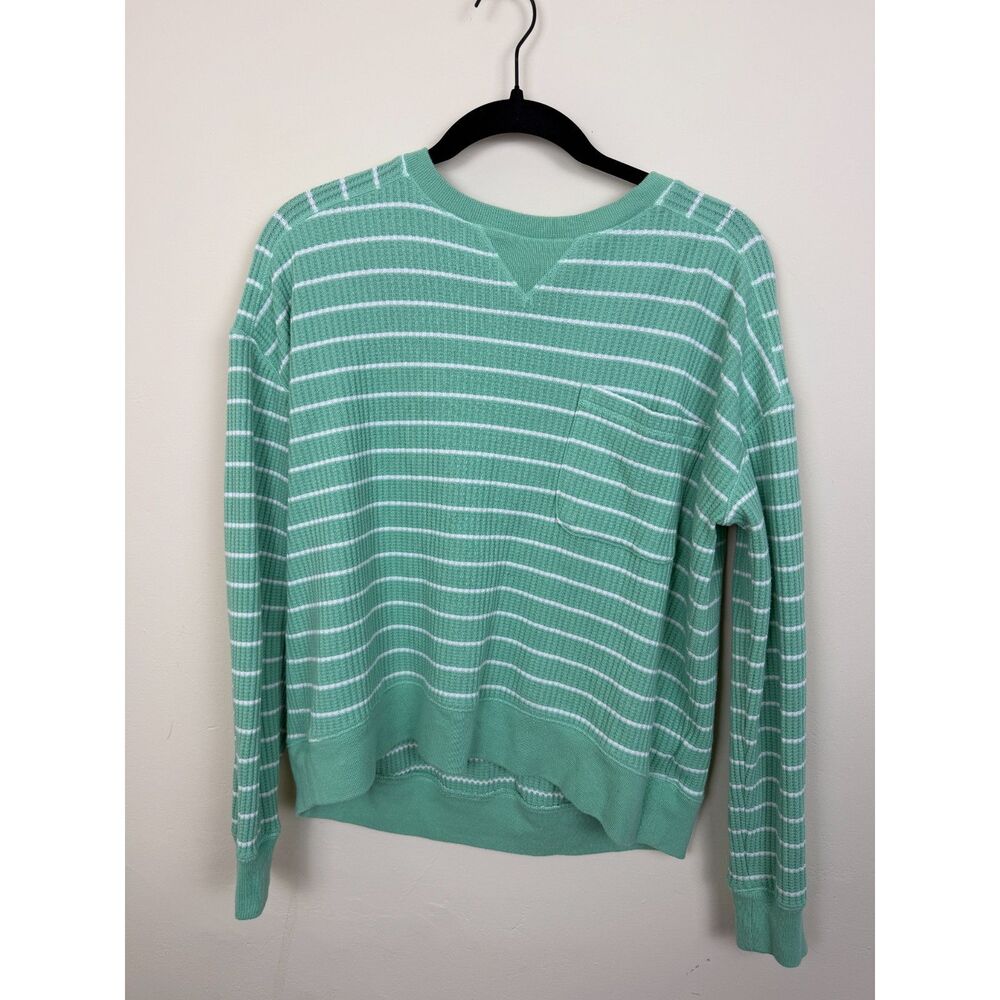 Striped Waffle Knit Sweater Women's M Mint Green Preppy Casual